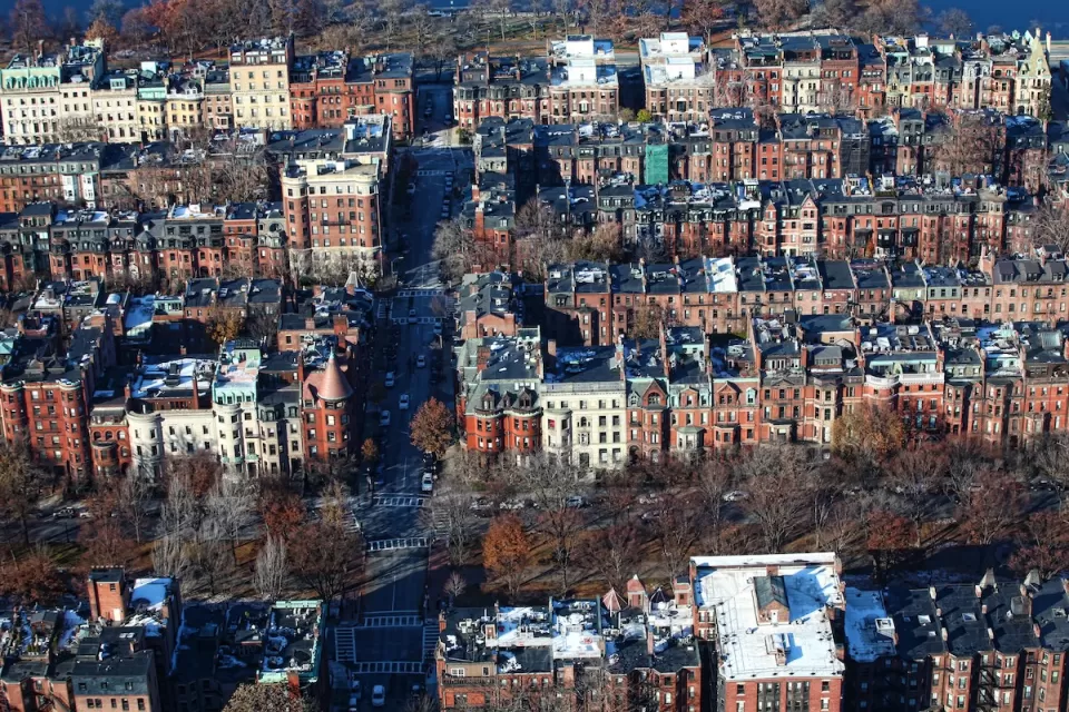 Aerial view of dense residential neighborhood in Back Bay, Boston, Massachusetts.